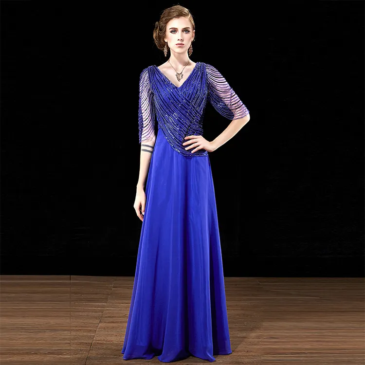 V-neck elegant women bat sleeve chiffon royal blue for women blu mother of the bride elegant dresses formal evening dresses