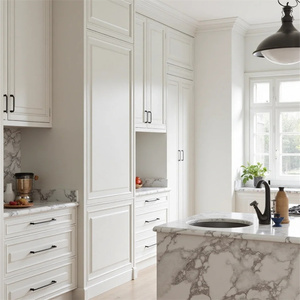 Coastal Dream Kitchens Panel empotrado manchado de madera maciza Manija pintada en blanco Puerta de vidrio Diseño de cocina Armario con Isla Grande - Product Image 2