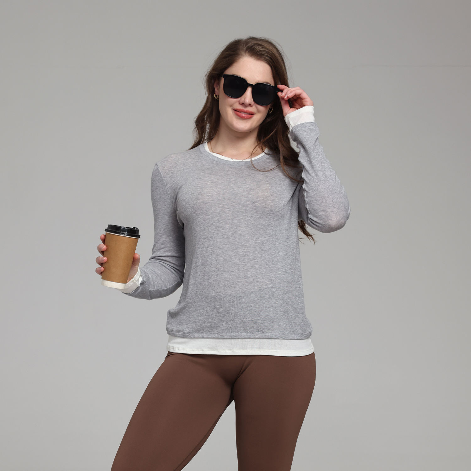 Wool Blend Stylish Yoga Top Long-Sleeve Color Block Sports T-Shirt for Women Loose Fit Sports Comfortable Round-neck Running Top