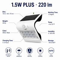 Lumière solaire murale de sécurité à détecteur de mouvement PIR extérieur facile à installer, 220lm 1.5W, alimentée par énergie solaire