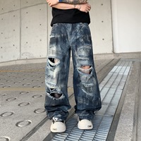 Jean en denim unisexe taille mi-haute déchiré délavé foncé style Y2K Hip Hop coupe large bleu multi-tailles