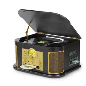 Tocadiscos vintage con caja de madera, directo de fábrica, con altavoz estéreo incorporado, 3 velocidades, función de radio, CD, cinta y ecualizador para el hogar. - Product Image 4