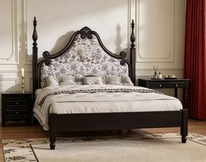 Premium Queen Size Black Wood Spindle <b>Bed</b> With Floral Upholstered Ornate Headboard For Bedroom - Product Image 1