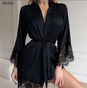 Comoda <span class=keywords><strong>camicia</strong></span> <span class=keywords><strong>da</strong></span> <span class=keywords><strong>notte</strong></span> con scollo a V <span class=keywords><strong>da</strong></span> donna in pizzo a maniche lunghe con chiusura in vita elastica pigiama Sexy per l'estate autunno primavera - Product Image 1