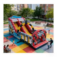 Parcours d'obstacles gonflable sur le thème des voitures de course, double toboggan, équipement de jeu d'aventure rapide pour enfants, qualité commerciale, matériau PVC sec
