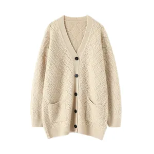 Hollow Out Single Breasted Knit Einreihige weibliche Frühling und Herbst Argyle Muster Wolle Kaschmir Pullover Strickjacke