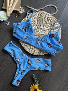 Women's Blue Coconut Print Bikini Set 2 Piece Triangle Top Hipster Bottom Swimwear - Product Image 6
