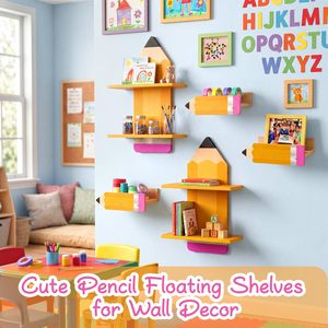 Pencil Shaped Wooden Wall <b>Shelf</b> For Kids Room Storage Organizer With Two Layers Durable Solid Wood Mounting - Product Image 2