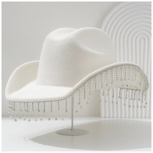 Chapeau de cowboy unisexe pour <span class=keywords><strong>femme</strong></span>, à large bord incurvé, avec garniture en strass et pompon, idéal pour les enterrements de vie de jeune fille - Product Image 4