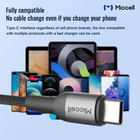 Miccell 60W PD charge rapide type-c à type-c câble en alliage d'aluminium nylon 3A charge rapide multifonction pour téléphones mobiles IOS