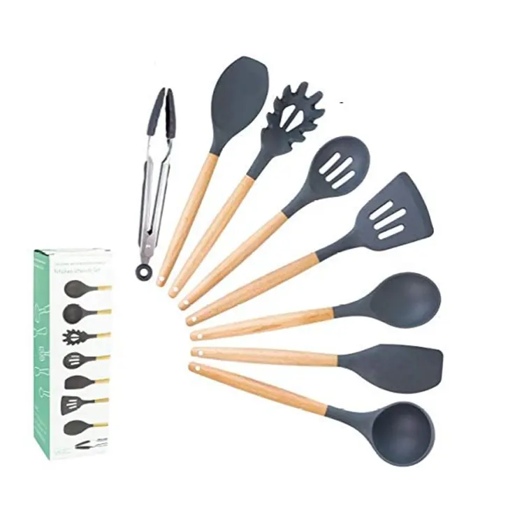Bambus 12 Pieces Heat Resistant Cookware Kitchenware Accessories Wood Handle Silicone Utensils Set For Cooking