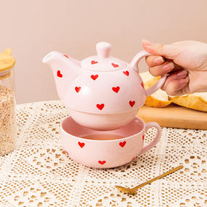 Service à thé en céramique de style nordique avec couvercle, motif cœur blanc cassé et rose, pour la maison, le bureau, les fêtes, cadeau personnalisable - Product Image 3