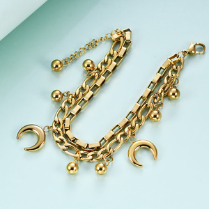 Pulsera de Cadena Cubana de Doble Capa con Cuentas de Luna, de Acero Inoxidable Dorado, Joyería de Moda para Mujer, Regalo, Accesorio para Ocasiones Especiales - Product Image 3