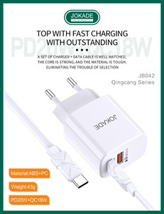 Jokade tốt nhất USB Loại C pd20w + qc18w kép cổng tường sạc và cáp dữ liệu 20W PD nhanh chóng sạc điện thoại di động Power Adapter - Product Image 2