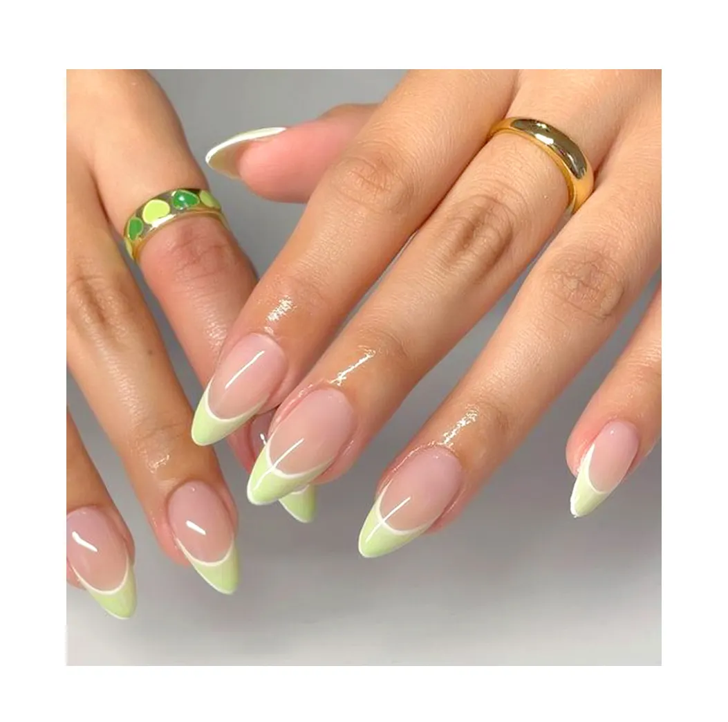 Customer Designer Private Label Light Green Spring Fashion French Tips Uas Postizas Faux Ongles Amricain Stick On Nails Art Tips