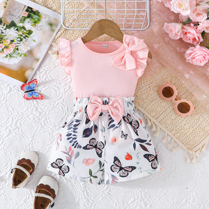 Conjunto Deportivo Casual de Dos Piezas para Niñas, Top con Mangas Volantes, Shorts Sólidos, Transpirable, Suave, Multicolor - Product Image 1