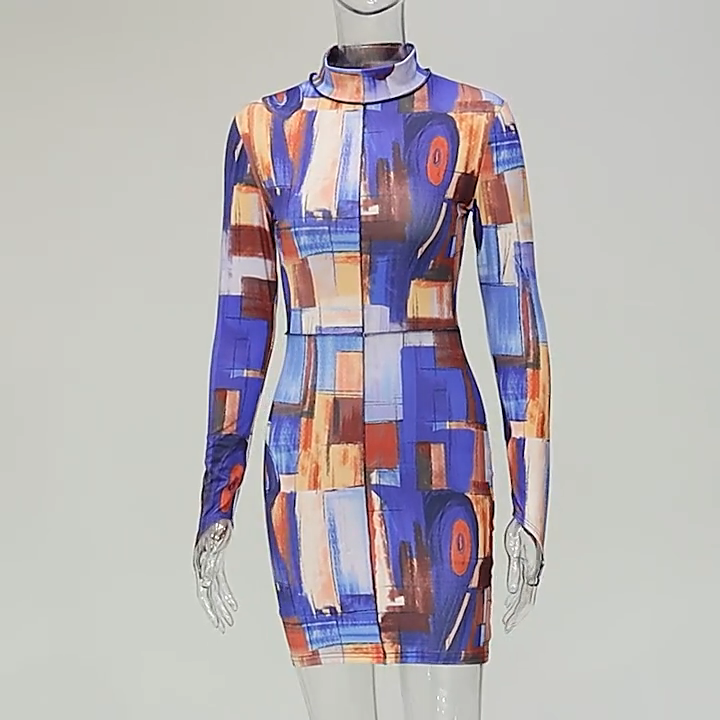 Fall Women Clothes Fashion Printed Long Sleeve High Collar Fall Dress