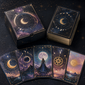 Cartes de <span class=keywords><strong>tarot</strong></span> astrologiques personnalisées sur le thème de la lune, jeu de cartes oracle du zodiaque avec illustration unique et boîte de rangement - Product Image 1