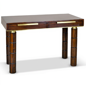 Solid Wood Makeup <b>Vanity</b> Desk Walnut Finish Brass Accent Rectangular Dressing <b>Table</b> with Drawers Floor Mount for Bedroom Hotel - Product Image 1