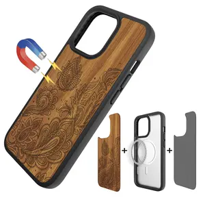 GRS BSCI Manufacture Leather Wood Customized blank Back Cover Magnetic Phone Case for iPhone 14 13 12