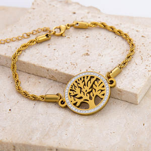 Pulsera de Acero Inoxidable con Motivo de Árbol Hueco con Incrustaciones de Diamantes para Mujer, Uso Diario, Chapado en Oro de 18K, Corte Brillante Redondo - Product Image 1