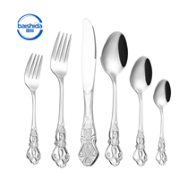 Ensemble de couverts rétro en acier inoxydable 410 avec poignée gaufrée, finition miroir or et argent, pour hôtels et restaurants