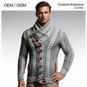 Cardigan en tricot torsadé 100 % polyester pour homme, col châle Aran épais, lourd, anti-boulochage, manches longues, personnalisable OEM ODM - Product Image 1