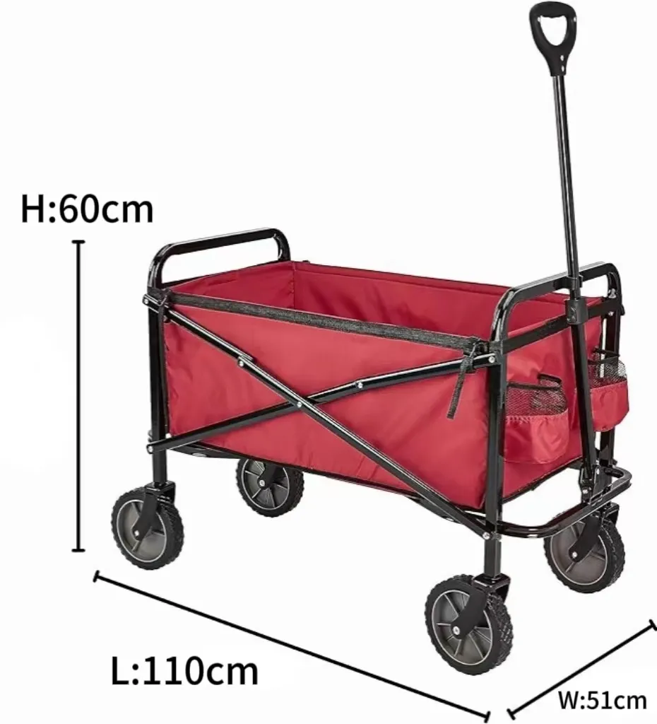 Dört tekerlekler ile yüksek kaliteli açık sepeti sığ hareketli katlanır kırmızı kamp sepeti bebek itme metal aracı sepeti