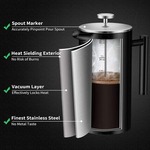 เครื่องชงกาแฟฝรั่งเศสสแตนเลสสีดำทันสมัยรักษ์โลก ยอดขายดีที่สุด พร้อมฉนวนกันความร้อนสองชั้น ความจุ 800 มล. - Product Image 3