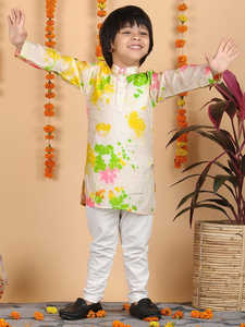 Conjunto de Kurta con Estampado Floral y Pijama Blanco para Niños, Ropa Étnica Tradicional Festiva, Atuendo Cómodo para Fiestas y Bodas - Product Image 4