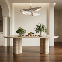 Table à manger en marbre blanc super clair, design ovale moderne, pierre naturelle HZX, finition polie, pieds cannelés, imperméable, pour villa ou hôtel.