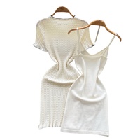 Ensemble tunique et robe tricotée pour femme, style romain élégant, avec logo personnalisé OEM, manches courtes, haut tube et mini-robe tricotée trapèze pour l'été