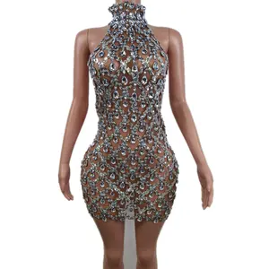 2023 Sản Phẩm Mới Vòng Cổ Áo Bodycon Prom Ăn Mặc Thời Trang Xem Qua Buổi Tối Ăn Mặc Thanh Lịch Rhinestone Phụ Nữ Tiệc Ăn Mặc