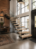 Escalier flottant sur mesure avec marches en bois massif, balustrade en verre sans cadre, main courante en acier noir, escalier cantilever pour l'intérieur de la maison