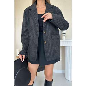 Blazer en laine rayé noir pour femme, veste tissée à manches longues pour l'automne - Product Image 1