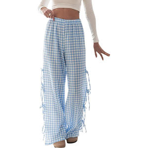 Pantalon à jambes larges Y2K pour femmes Pantalon ample en polyester imprimé à carreaux/rayures à nouer sur le côté Printemps Été Mode Pantalons de survêtement décontractés Bas - Product Image 5