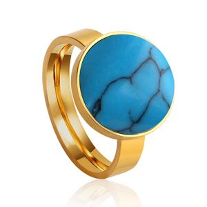Vente en gros de bijoux de mode : Bagues rondes circulaires en acier inoxydable plaqué or 18 carats, étanches, avec turquoise bleue, pour femmes et hommes - Product Image 1