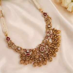 925 Silver Traditional Temple <b>Necklace</b> Set with <b>Matching</b> Earrings Antique Finish Bridal Ethnic Jewelry for Women - Product Image 2