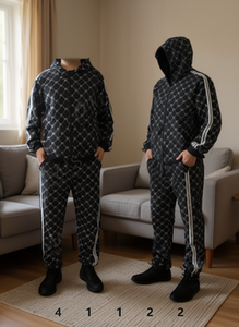 Tuta sportiva Th310r 1 da uomo, nera e bianca con stampa geometrica, felpa con cappuccio, pantaloni jogger, abbigliamento sportivo casual, chiusura con zip integrale. - Product Image 2