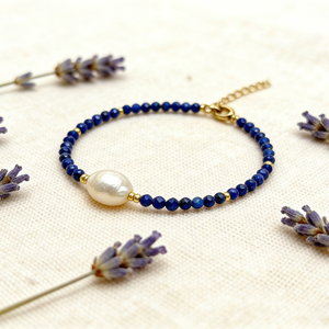 Minimalist thin <b>beaded</b> <b>bracelet</b> Vintage Natural Gemstone Pearl <b>Bracelet</b> Bohemian Style Lapis Lazuli <b>Bracelet</b> with Pearl Charm - Product Image 3