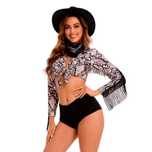 Women's Snakeskin Western Costume Black Hat Scarf Top Shorts Stage Performance Adult Halloween Cosplay Outfit - Product Image 3