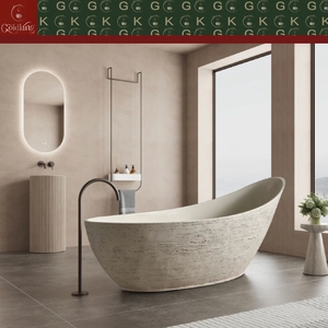 Vasca da <span class=keywords><strong>Bagno</strong></span> Freestanding in Travertino Naturale, Design Moderno e Minimalista, Finitura Lavorata a Mano, OEM CNC Impermeabile Personalizzabile - Product Image 3