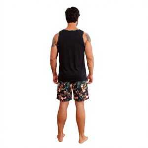 Men's Black Striped Silk Screen Printed Tank Top Set Polyester/Cotton Knitted Fabric Quick Dry Breathable Summer Wear Crew Neck - Product Image 2
