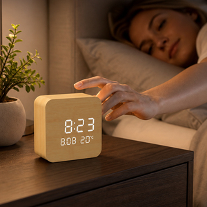Horloge numérique électronique à affichage LED <span class=keywords><strong>en</strong></span> bois, design simple, pour chambre, bureau, famille, studio individuel, salle de classe - Product Image 3