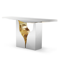 Meuble décoratif de luxe contemporain en laiton et acier inoxydable, table console avec finition miroir poli pour salon, hôtel