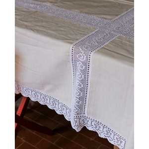 Mantel Cuadrado de Lino Crema de Lujo de Marca con Inserciones de Crochet Bordadas y 8 Servilletas para Mesas de Comedor en Hoteles - Product Image 1