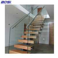 Balustrade d'escalier droite en acier au carbone et marbre, pour intérieur moderne, salon, avec garde-corps en verre, villa, hôtel, marches flottantes en bois