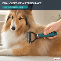 Râteau et peigne de toilettage pour animaux de compagnie en gros, outil double face pour démêler et éliminer les poils morts, manche en TPR, acier inoxydable, pour chiens et chats à poils longs