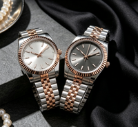 Montre de couple de style luxueux bicolore or rose et argent, avec lunette cannelée, pour homme et femme