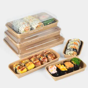 Biodegradable kraft para llevar restaurante rectángulo desechable papel plástico sushi caja contenedor